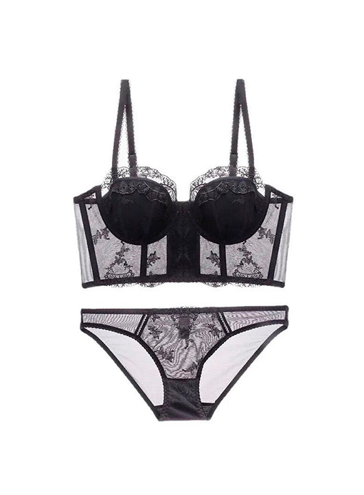 French Push Up Lace Embroidery Lingerie Set