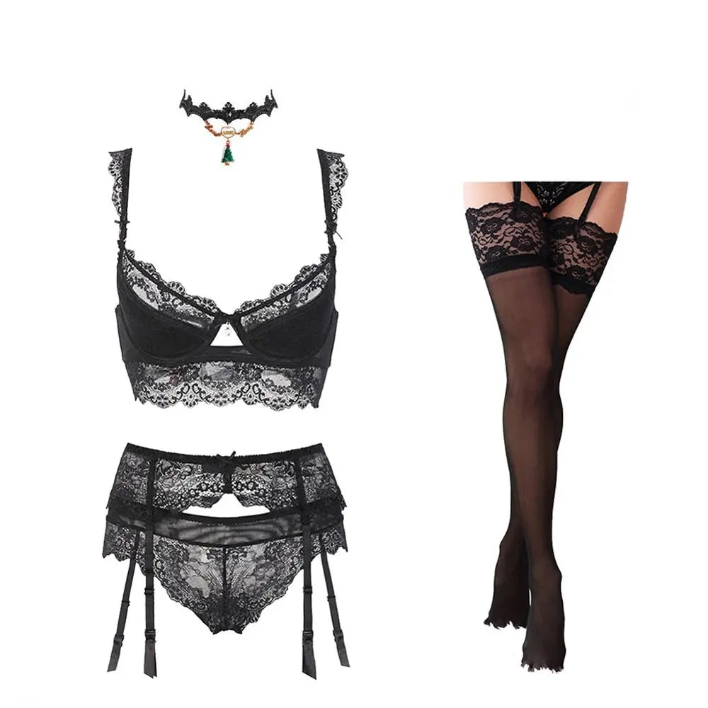 Lace Push-Up Bra and Lingerie Set w/ Garter, Stockings & Necklace