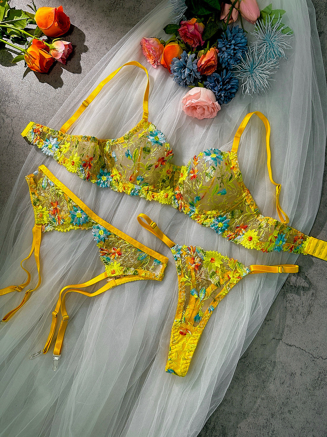 Yellow Flowers Embroidery Lingerie Set 3PC