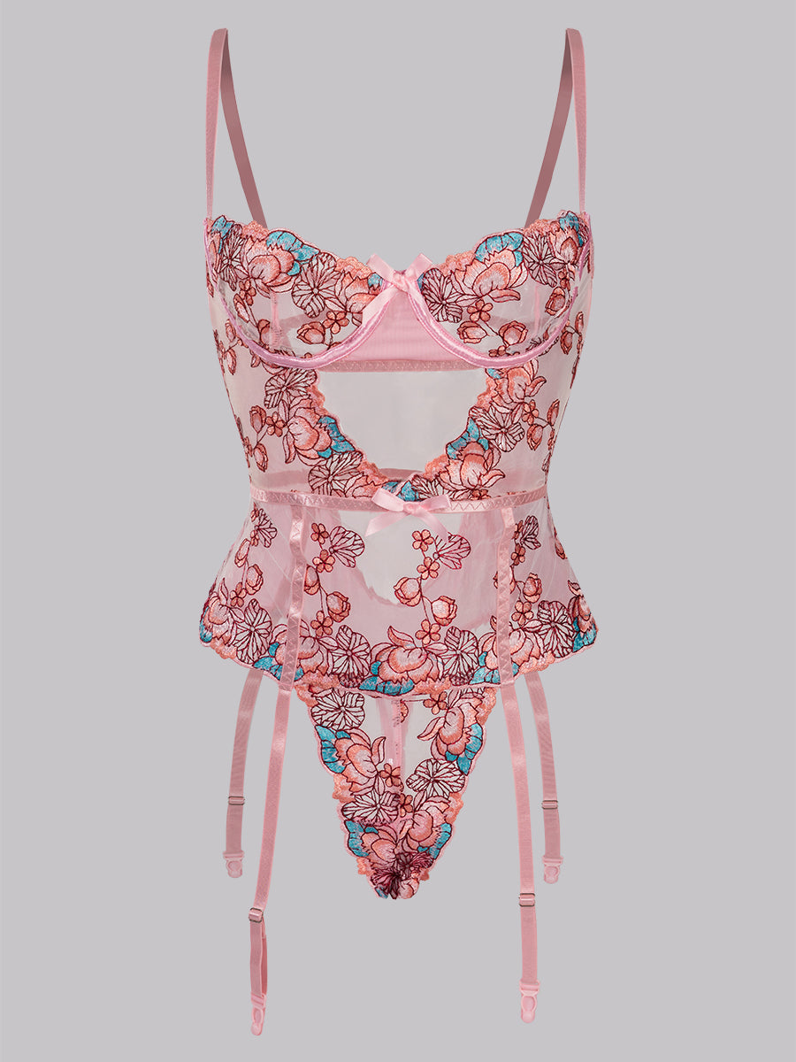 Pink Floral Embroidered Cut Out Bodysuit