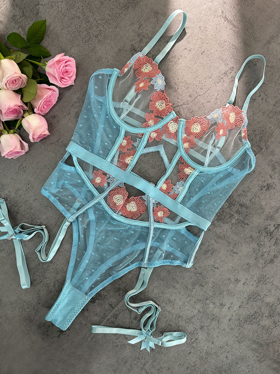 Blue Floral Embroidered Lace Up Teddy Lingerie Bodysuit