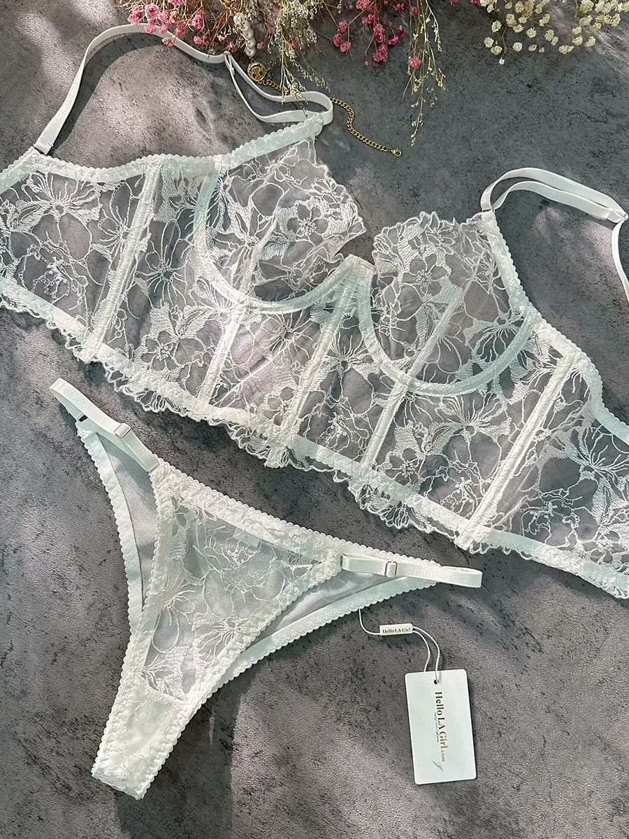 Black /Purple /White/Pink Sexy Sheer Embroidered Lingerie Set