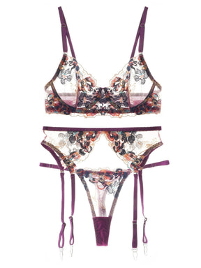 Nude Purple Embroidered Floral See-through Lingerie Set