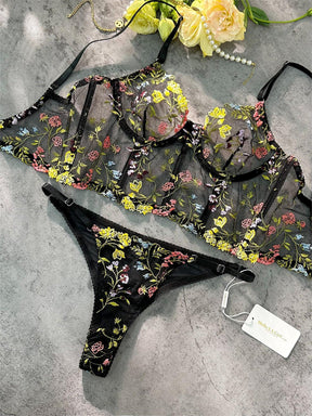 Black Floral Sexy Sheer Embroidered lingerie set