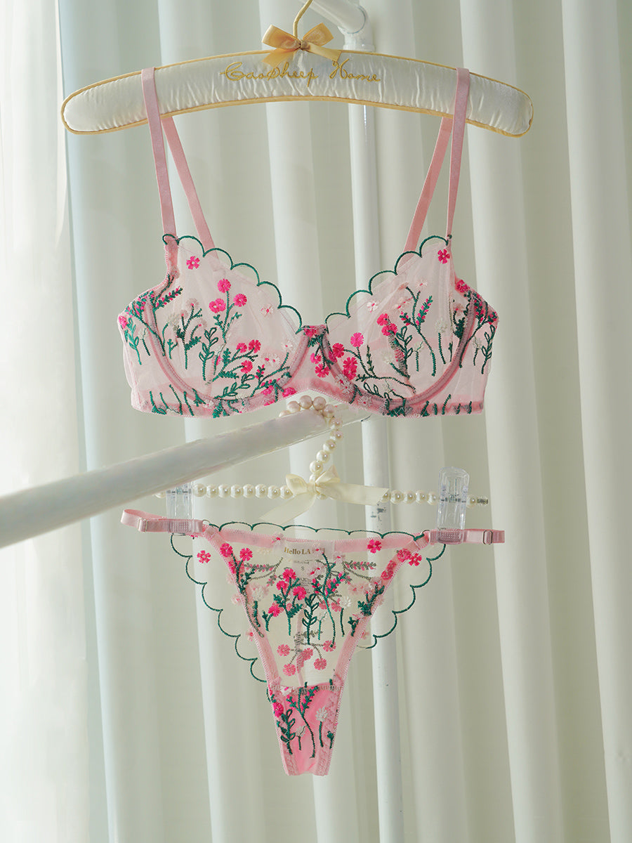 Pink Embroidered Lingerie with Daisy Design