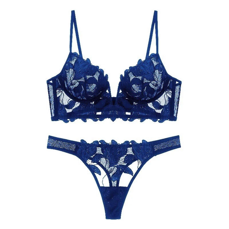 Blue French Lingerie Set Push Up Bralette Thong Floral Lace