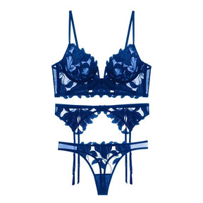 French Lingerie Set Push Up Bralette Thong Garter Belt Floral Lace Blue