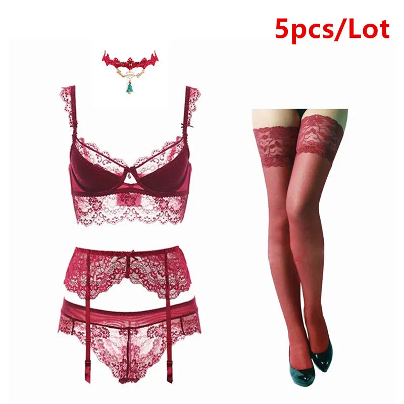 Lace Push-Up Bra and Lingerie Set w/ Garter, Stockings & Necklace