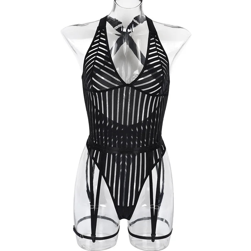 Erotic Striped Garter Belt Bodysuit