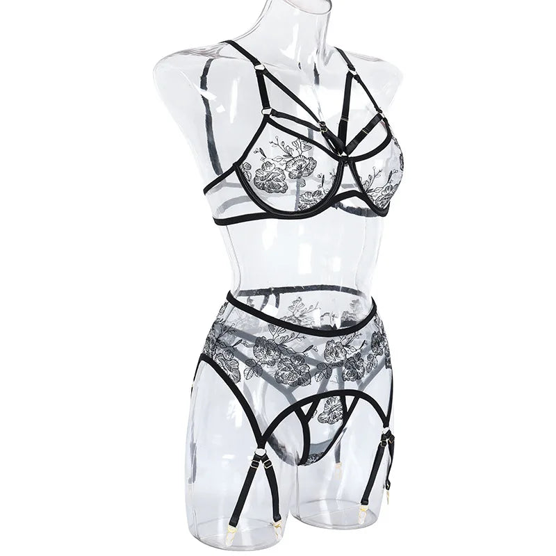 Black Lace Embroidery Sexy Transparent Lingerie Garter Set
