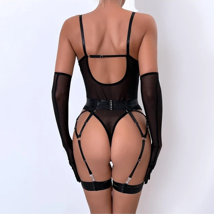 Velvet Lingerie Transparent Bodysuit Set 3pcs Garter Belt and Pair of Gloves Black