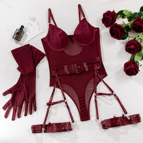 Velvet Lingerie Transparent Bodysuit Set 3pcs Garter Belt and Pair of Gloves Burgundy
