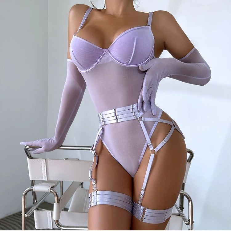 Velvet Lingerie Transparent Bodysuit Set 3pcs Garter Belt and Pair of Gloves Lavender