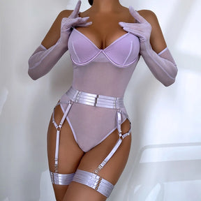 Velvet Lingerie Transparent Bodysuit Set 3pcs Garter Belt and Pair of Gloves Lavender