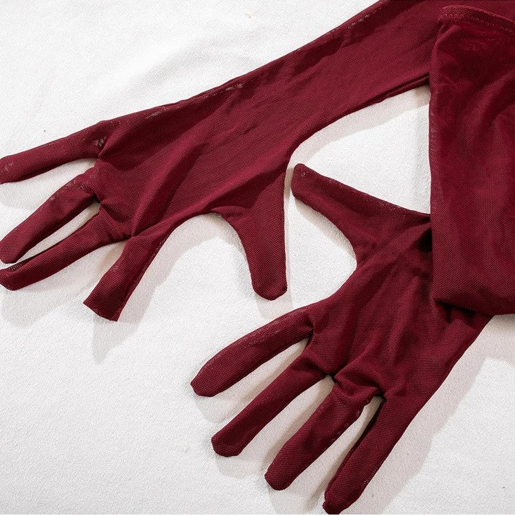 Velvet Lingerie Transparent Bodysuit Set 3pcs Garter Belt and Pair of Gloves Burgundy