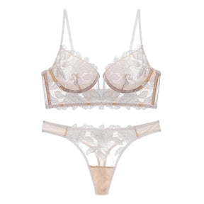 White French Lingerie Set PushUp Bralette Thong Floral Lace