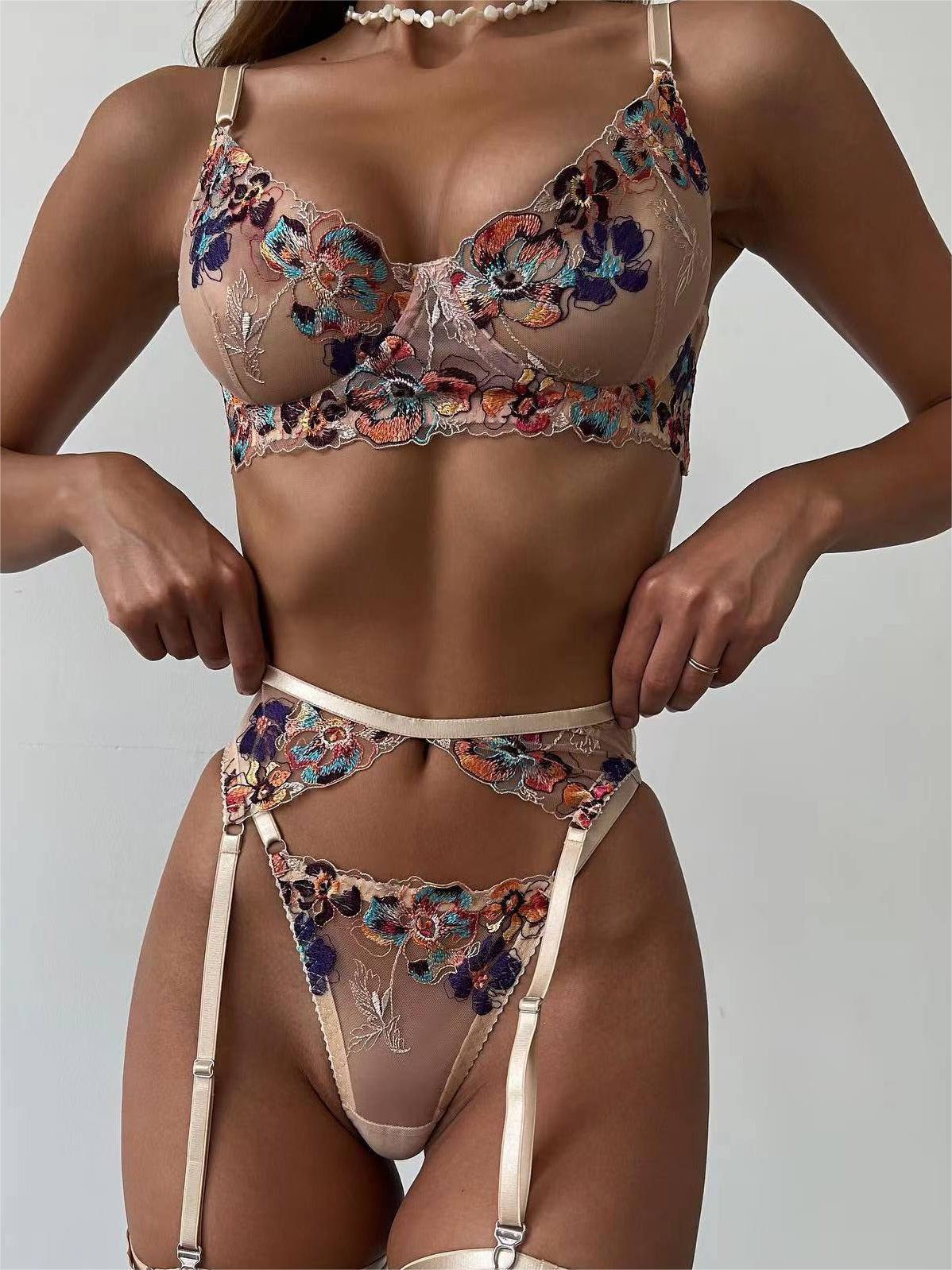 Nude Purple Embroidered Floral See-through Lingerie Set